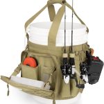 Fishing Bucket Organizer for 5 Gallon Bucket, Ice Fishing Tackle Bag with Adjustable Buckle, Rod & Plier Holder and Multi-Pockets for Fishing Gear & Accessories Storage,Khaki