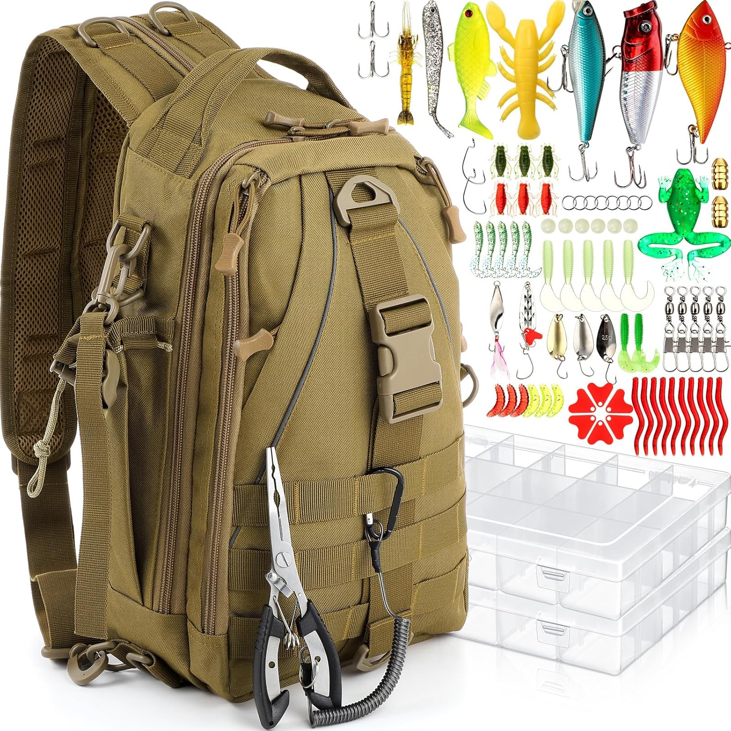 91II6eojviL._AC_SL1500_.jpg 85 Pcs Fishing Backpack with Tackle Boxes, Tackle Sling Bag with Rod Holder, Fish Lures Kit and Pliers Set, Christmas Fishing Gift for Men Women - Image 1